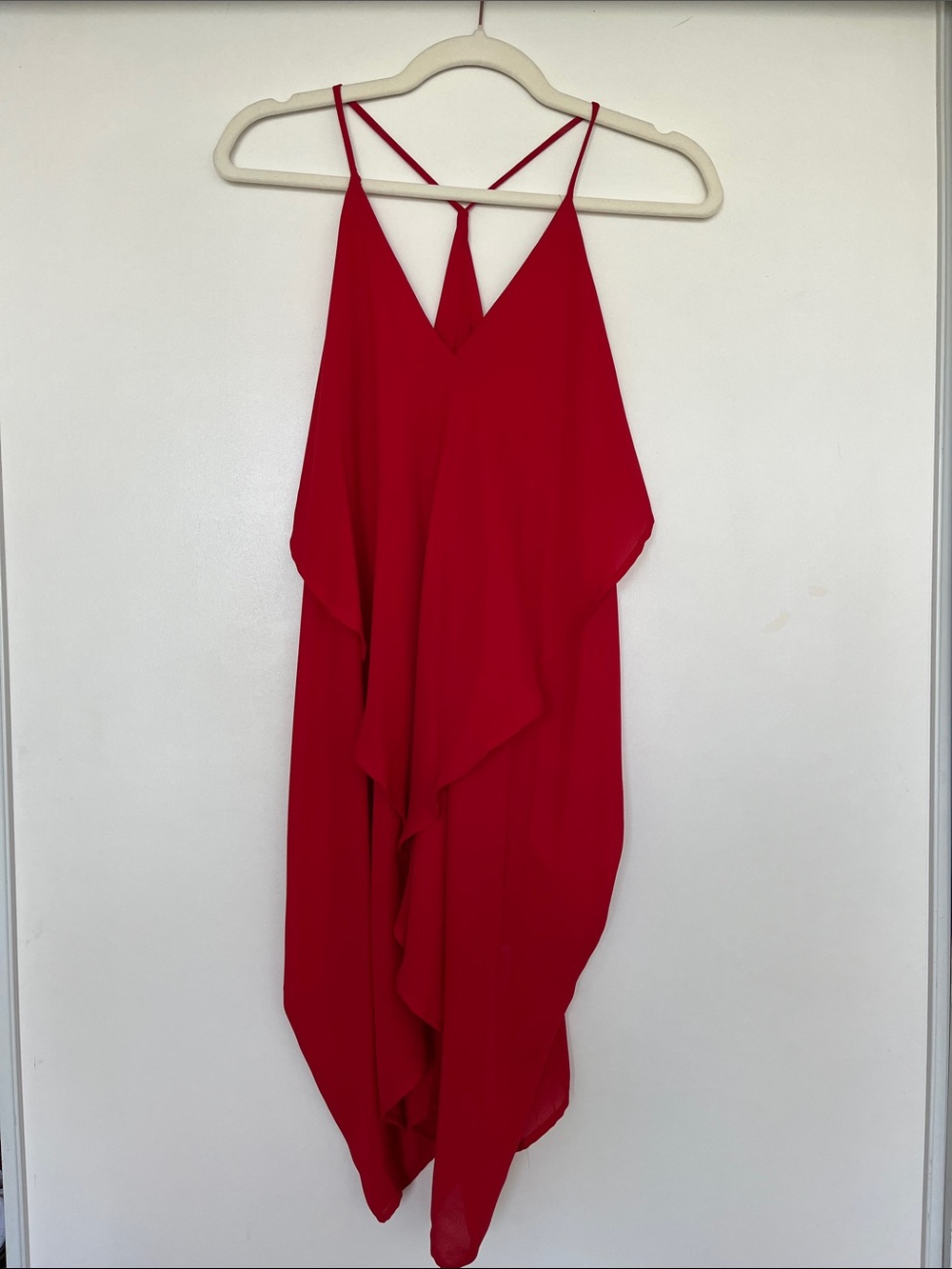 Asymmetrical Red Ruffle Slip Dress with Spaghetti Straps